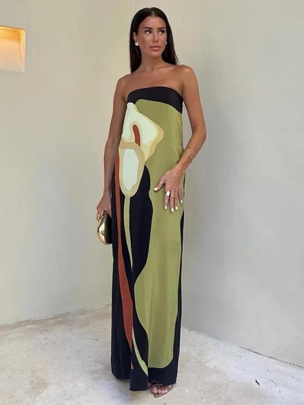Strapless Maxi Dress in Olive Green Abstract Print